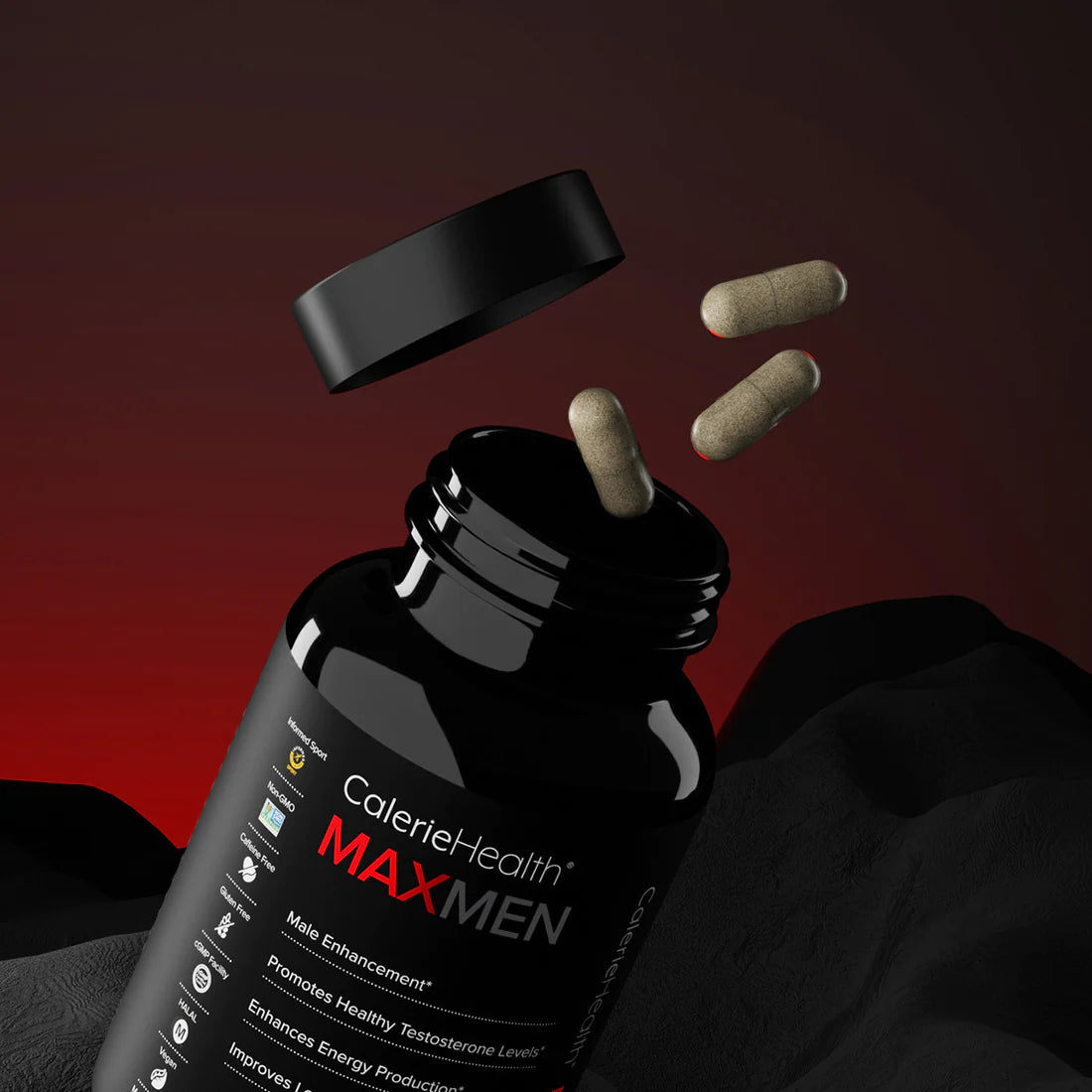 CalerieHealth MAXMEN 男士活力精華膠囊 - 開瓶特寫展示與植物膠囊