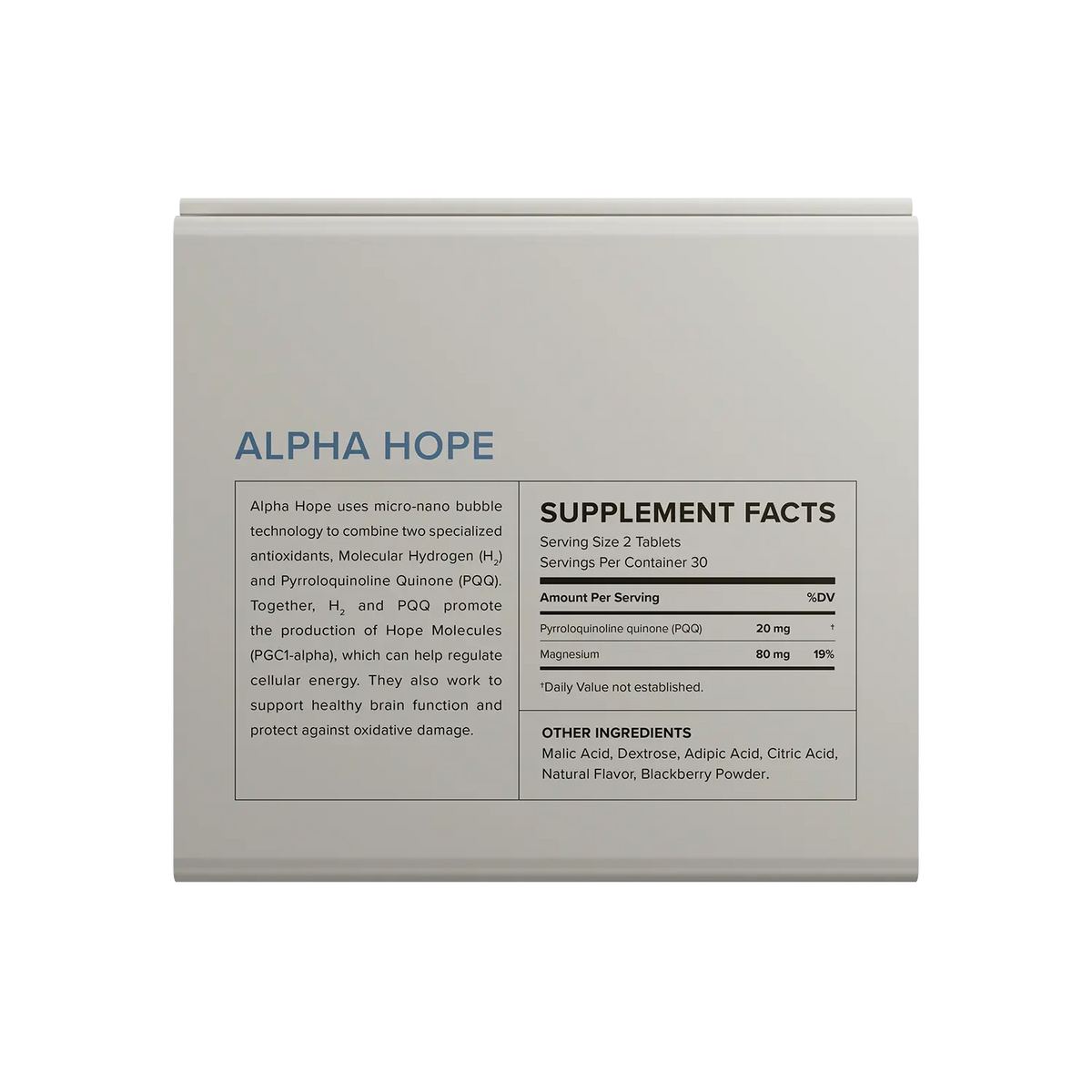 Calerie Alpha Hope 分子氫 PQQ 膳食補充劑外盒背面，詳細標示營養成分表、PQQ 含量與成分資訊