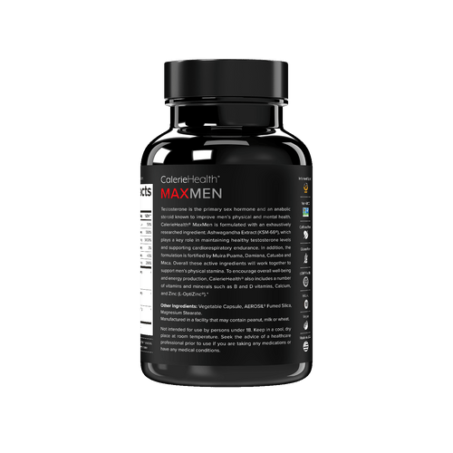 CalerieHealth MAXMEN 男士活力膠囊黑色瓶身背面圖及產品成分說明標籤