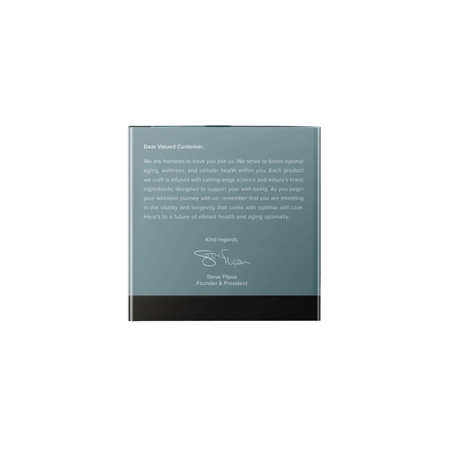 CalerieLifeAqua Nova 益生菌膳食補充劑外盒背面，印有創辦人 Steve Flipse 的致顧客公開信