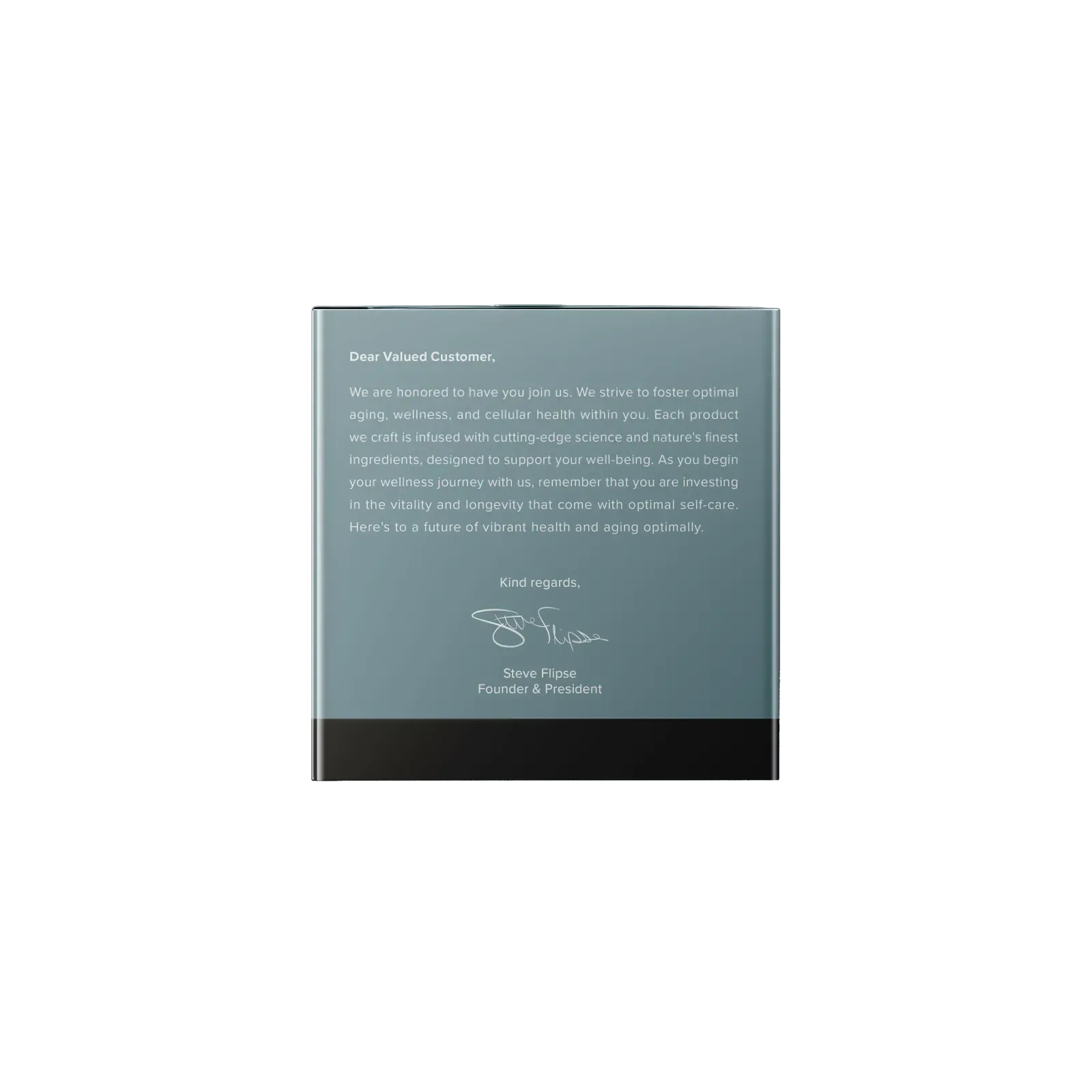 CalerieLifeAqua Nova 益生菌膳食補充劑外盒背面，印有創辦人 Steve Flipse 的致顧客公開信