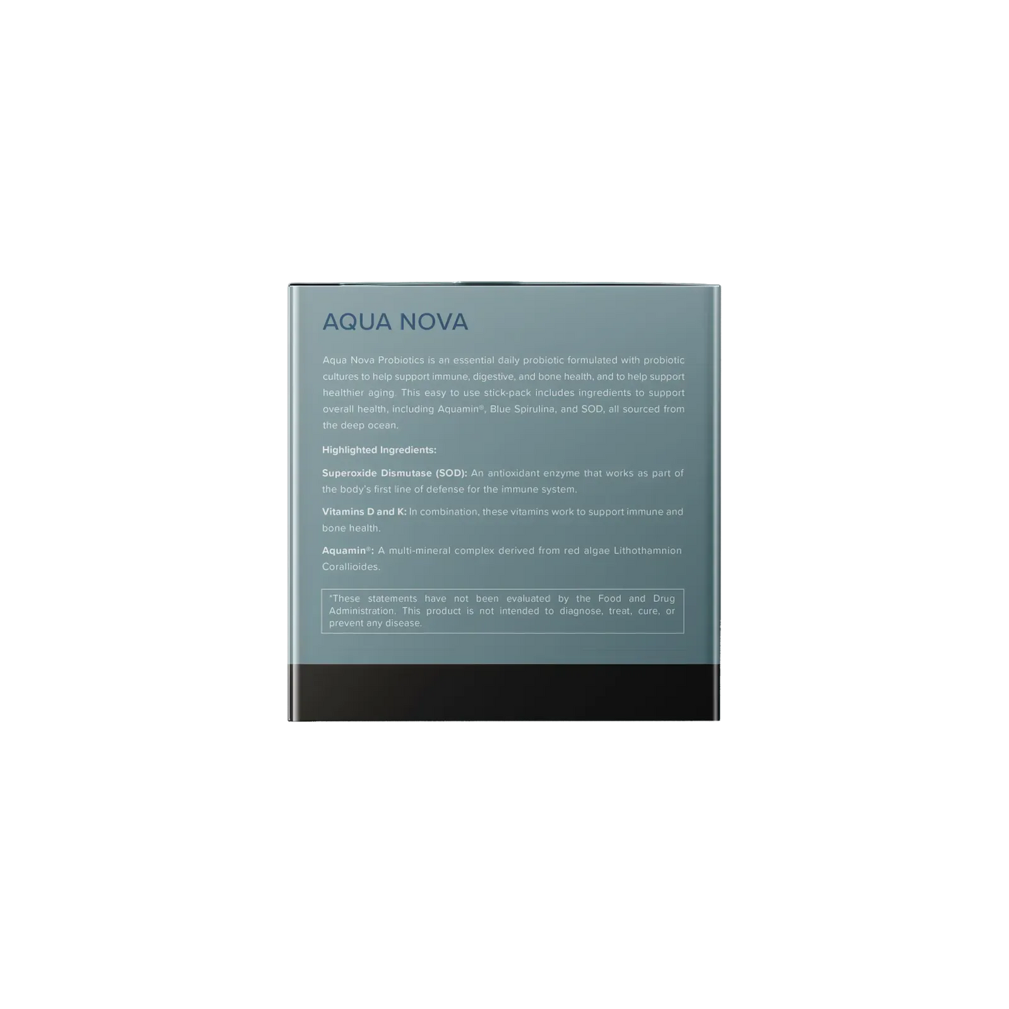CalerieLIfe Aqua Nova 益生菌膳食補充劑外盒背面，標示產品特色與 SOD、維生素 D 及 Aquamin 主要成分說明