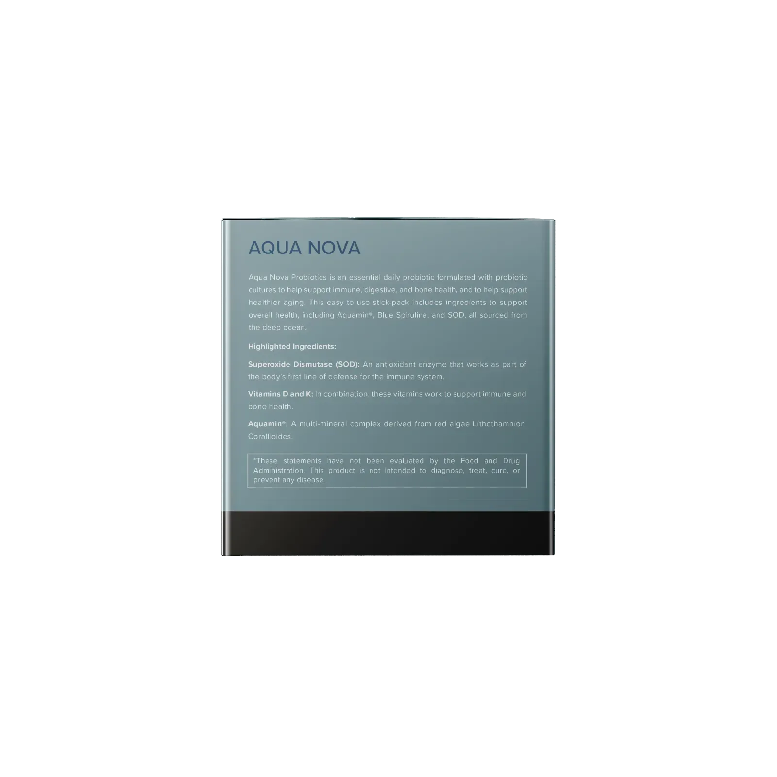 CalerieLIfe Aqua Nova 益生菌膳食補充劑外盒背面，標示產品特色與 SOD、維生素 D 及 Aquamin 主要成分說明