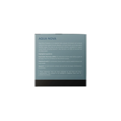 CalerieLIfe Aqua Nova 益生菌膳食補充劑外盒背面，標示產品特色與 SOD、維生素 D 及 Aquamin 主要成分說明