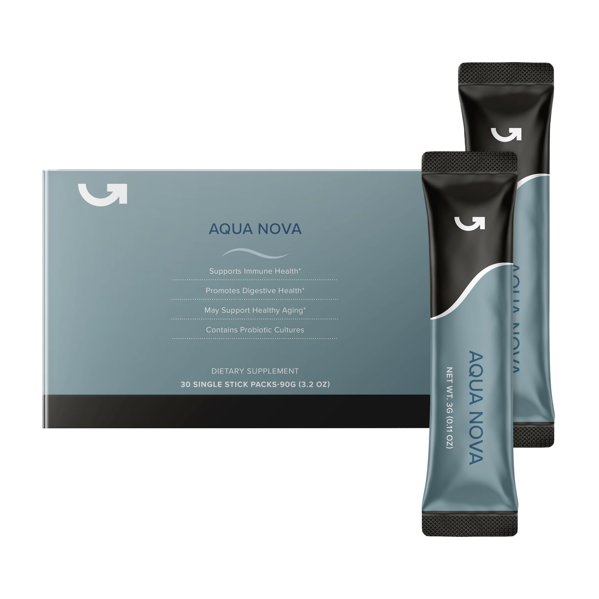 Calerielife Aqua Nova 膳食補充劑，藍灰色外盒與長條獨立包裝