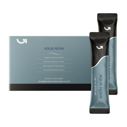 Calerielife Aqua Nova 膳食補充劑，藍灰色外盒與長條獨立包裝