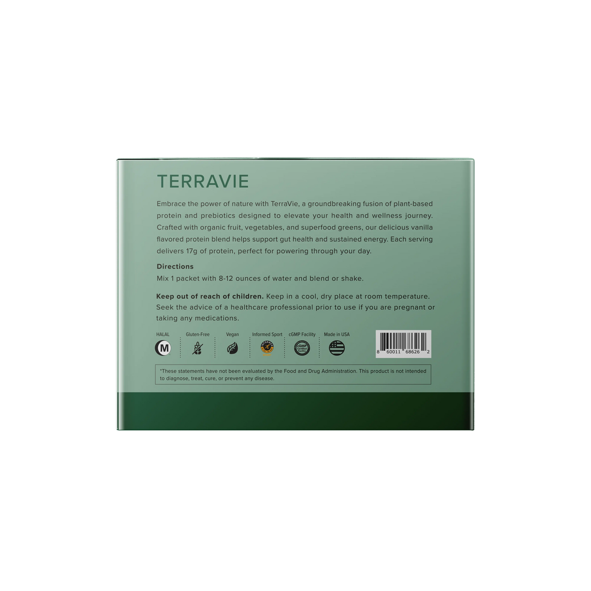 TERRAVIE 植物蛋白膳食纖維粉 綠色外盒背面食用說明與品質認證標籤