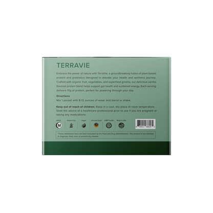 TERRAVIE 植物蛋白膳食纖維粉 綠色外盒背面食用說明與品質認證標籤