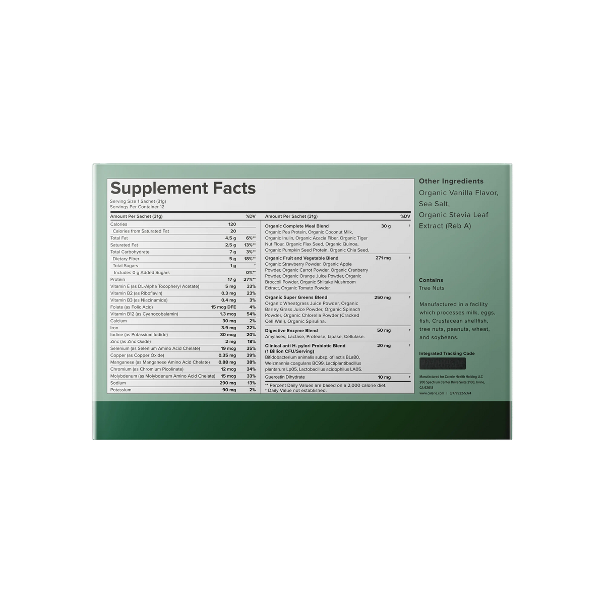 CalerieLife TERRAVIE 植物蛋白膳食纖維營養粉 綠色外盒背面營養成分表 (Supplement Facts)