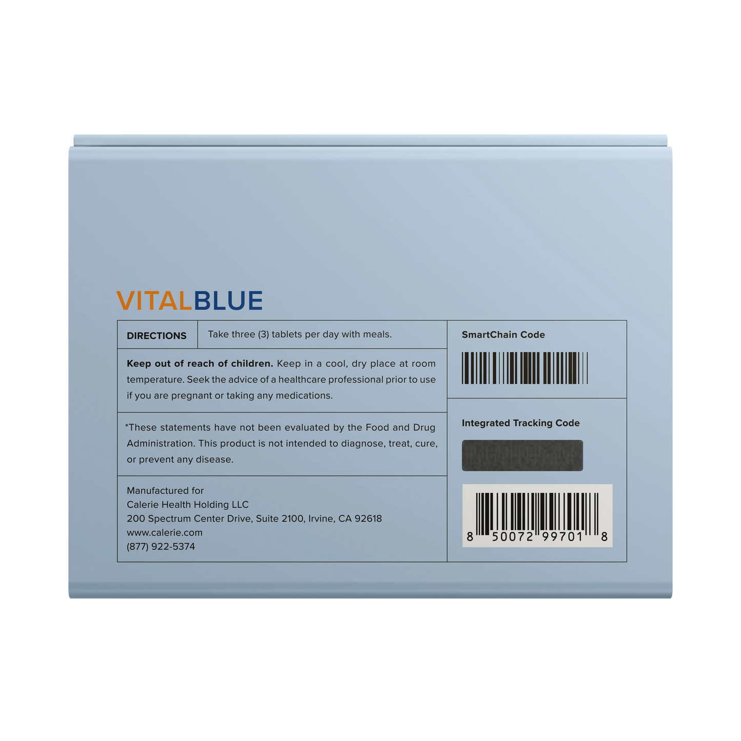 CalerieLife VitalBlue 複合維生素礦物質包裝盒背面圖及服用說明條碼標籤