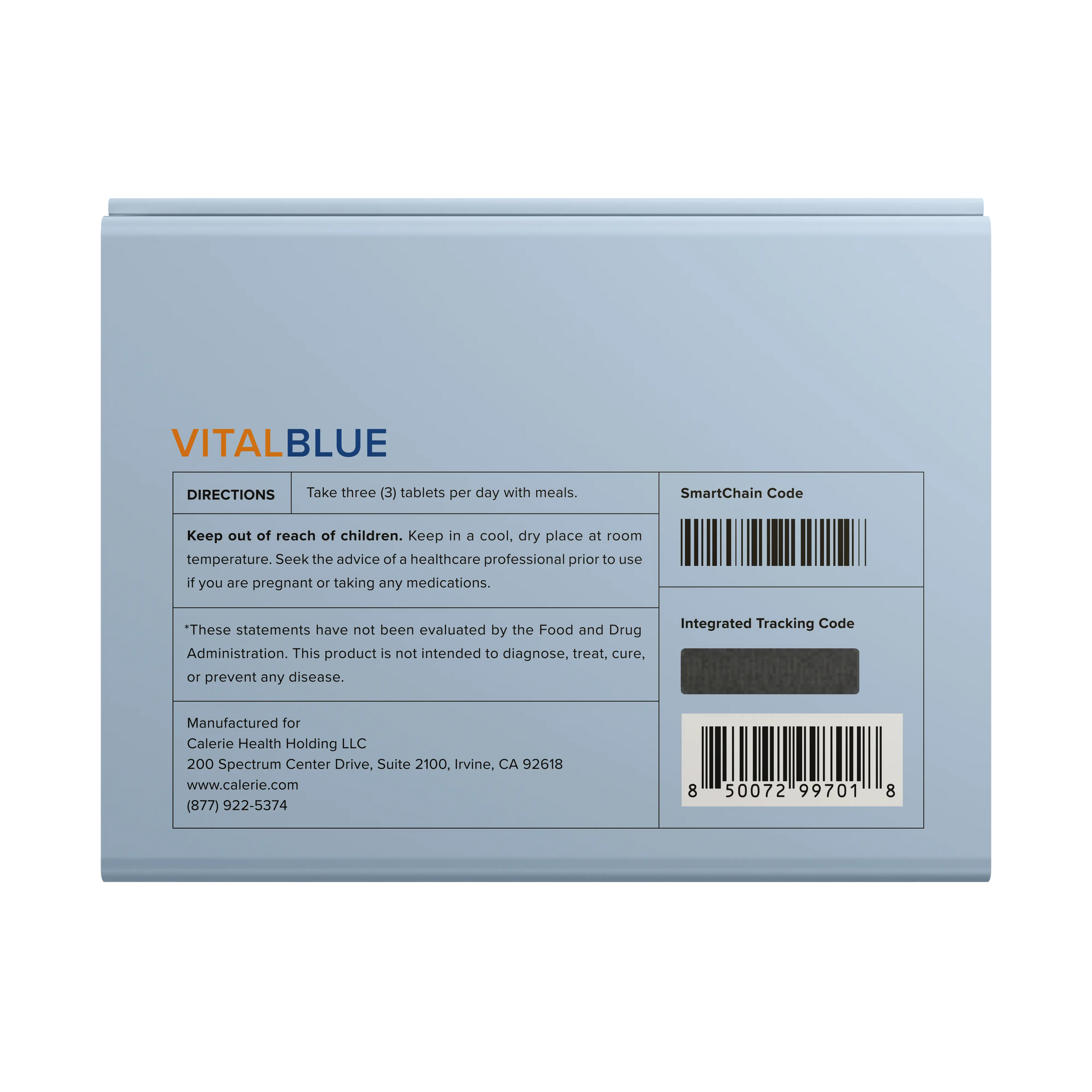 CalerieLife VitalBlue 複合維生素礦物質包裝盒背面圖及服用說明條碼標籤