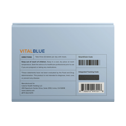 CalerieLife VitalBlue 複合維生素礦物質包裝盒背面圖及服用說明條碼標籤